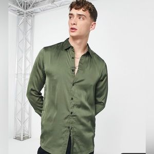 ASOS DESIGN regular satin shirt in khaki